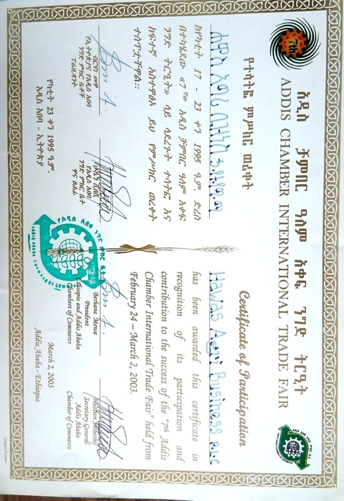 Addis Chamber Trade Fair Certificate